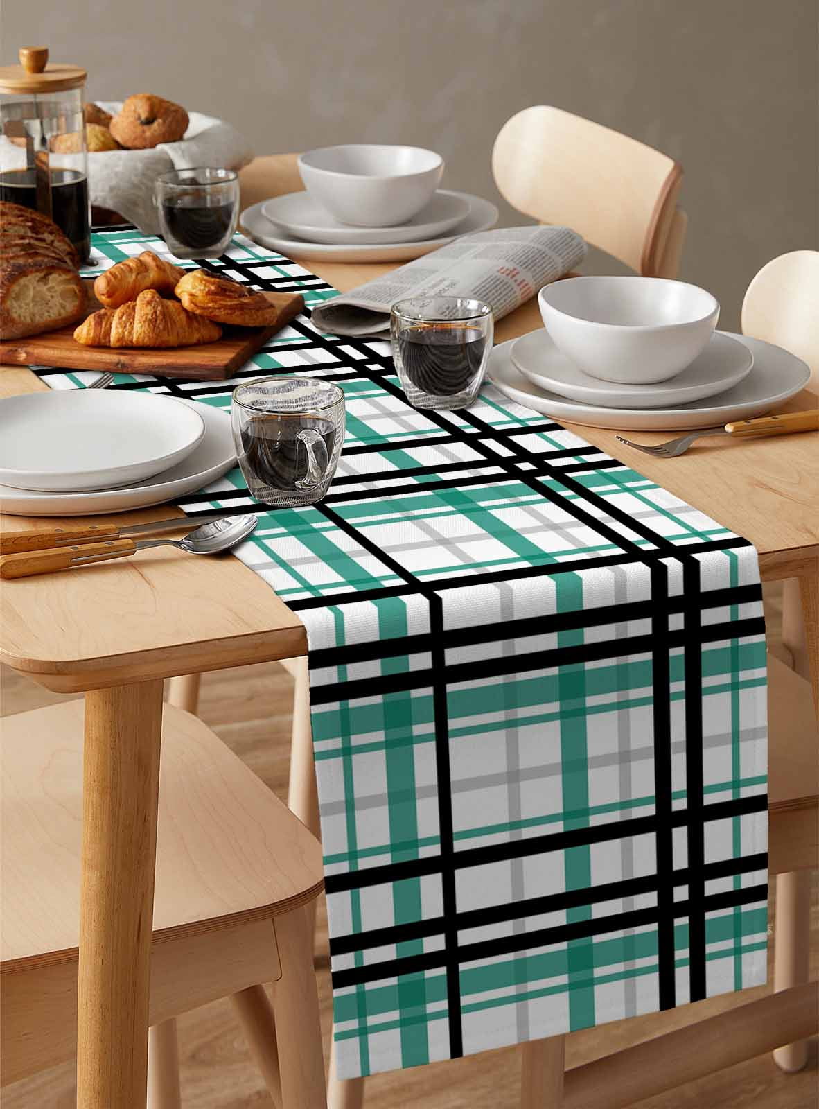 Ldtrchee Teal Black Plaid Table Runner 36 Inches, Farmhouse Teal Black Checkered Bed Runner Dresser Scarves Tabletop for Indoor Outdoor Parties/Ceremony/Banquet, 13"x 36"