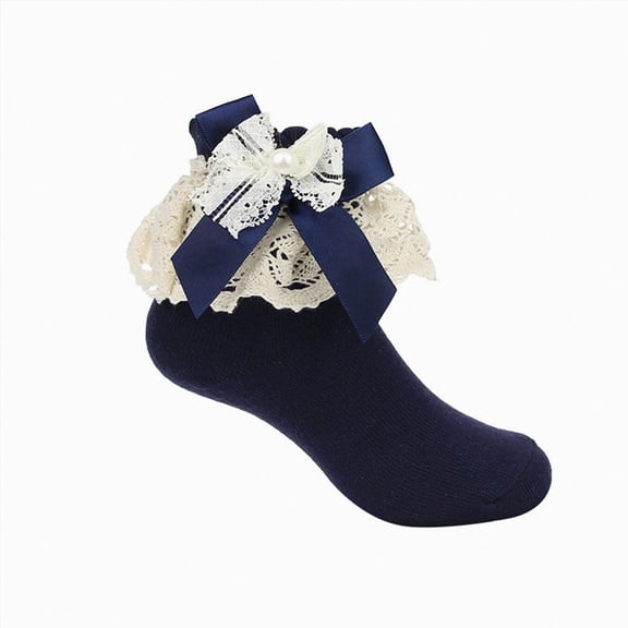 enyan Little Girls Cotton Lace Ruffle Princess Style Dress Socks Navy,5-6 Years
