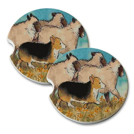 KuzmarK Sandstone Car Drink Coaster (set of 2) - Welsh Corgi with Sheep Herding Dog Art by Denise