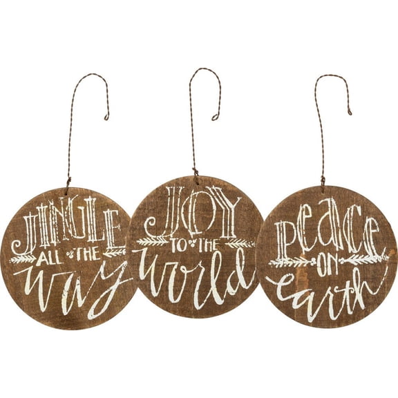 Primitives by Kathy Hand-Lettered Wooden Ornaments, 4-Inches in Diameter, Jingle-Joy-Peace, 3 Piece