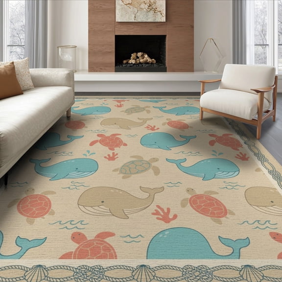 ODIKA 8'x10' Washable Area Rug Turtle Cartoon Ocean Animal With Nautical Border Whale And Sea Playful for King Size Bedroom Under Bed, Master Suite, Non-Shedding, Easy Care