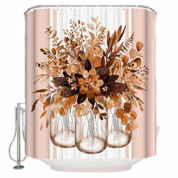 Fabric Shower Curtain, Summer Flowers Eucalyptus Plants Glass Vase Orange Striped Shower Curtains with 12 Hooks Waterproof Machine Washable Bath Curtains for Bathroom, 48x 72in