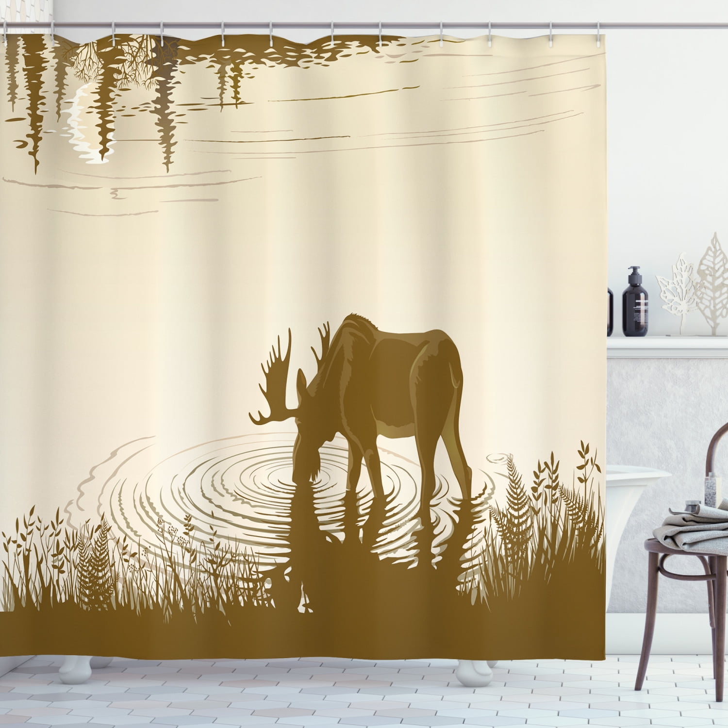 Wild Elk in Forest Bathroom Polyester Fabric Shower Curtain Set 12 Hooks 71inch 