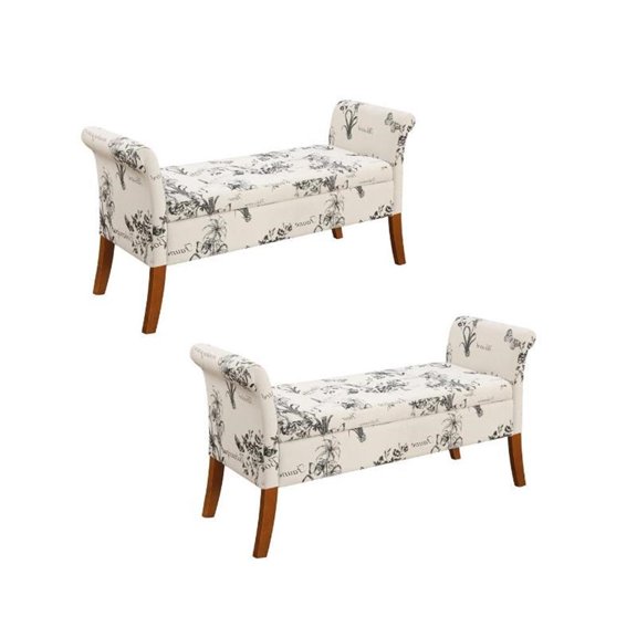 Home Square 2 Piece Designs4Comfort Fabric Storage Bench Set in Beige Botanical