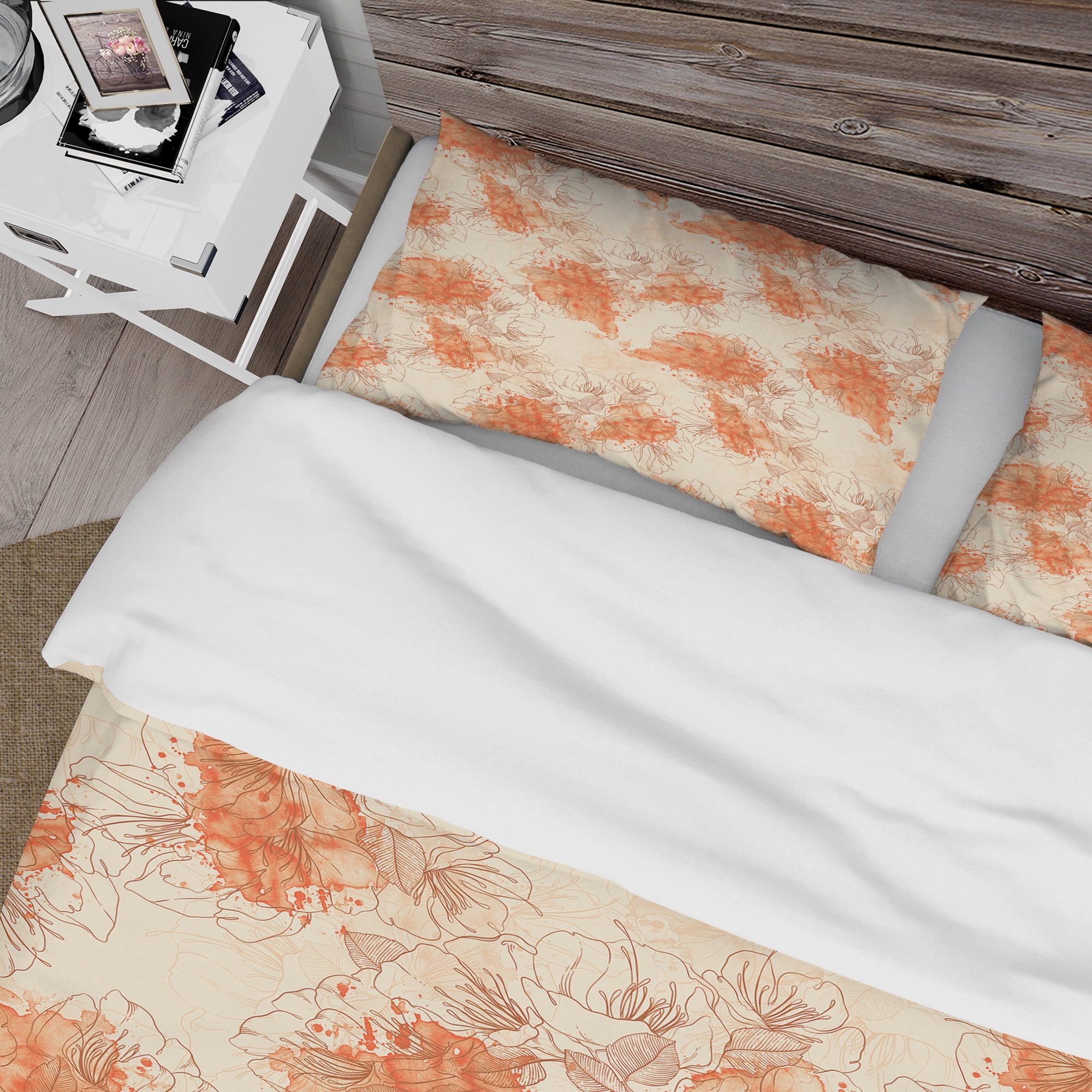 Designart 'Handdrawn Asian Flowers with Orange Watercolor' Floral Duvet Cover Set