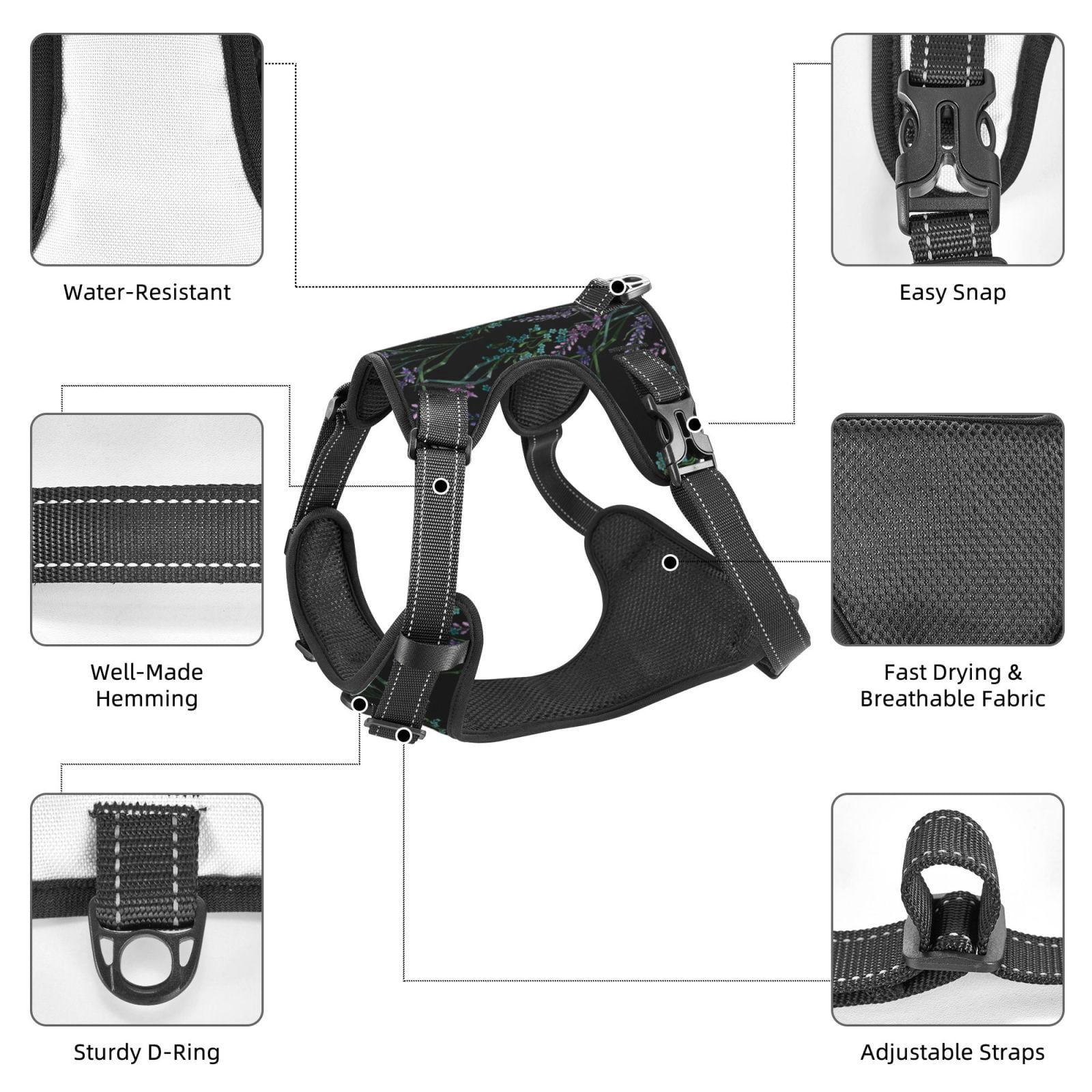 Fuzoiu Lavender Flowers Print Reflective Dog Harness,Adjustable, Breathable Pet Vest,Dog Harness No Pull,No Choke Pet Vest for Small, Medium, and Large Dogs-Large