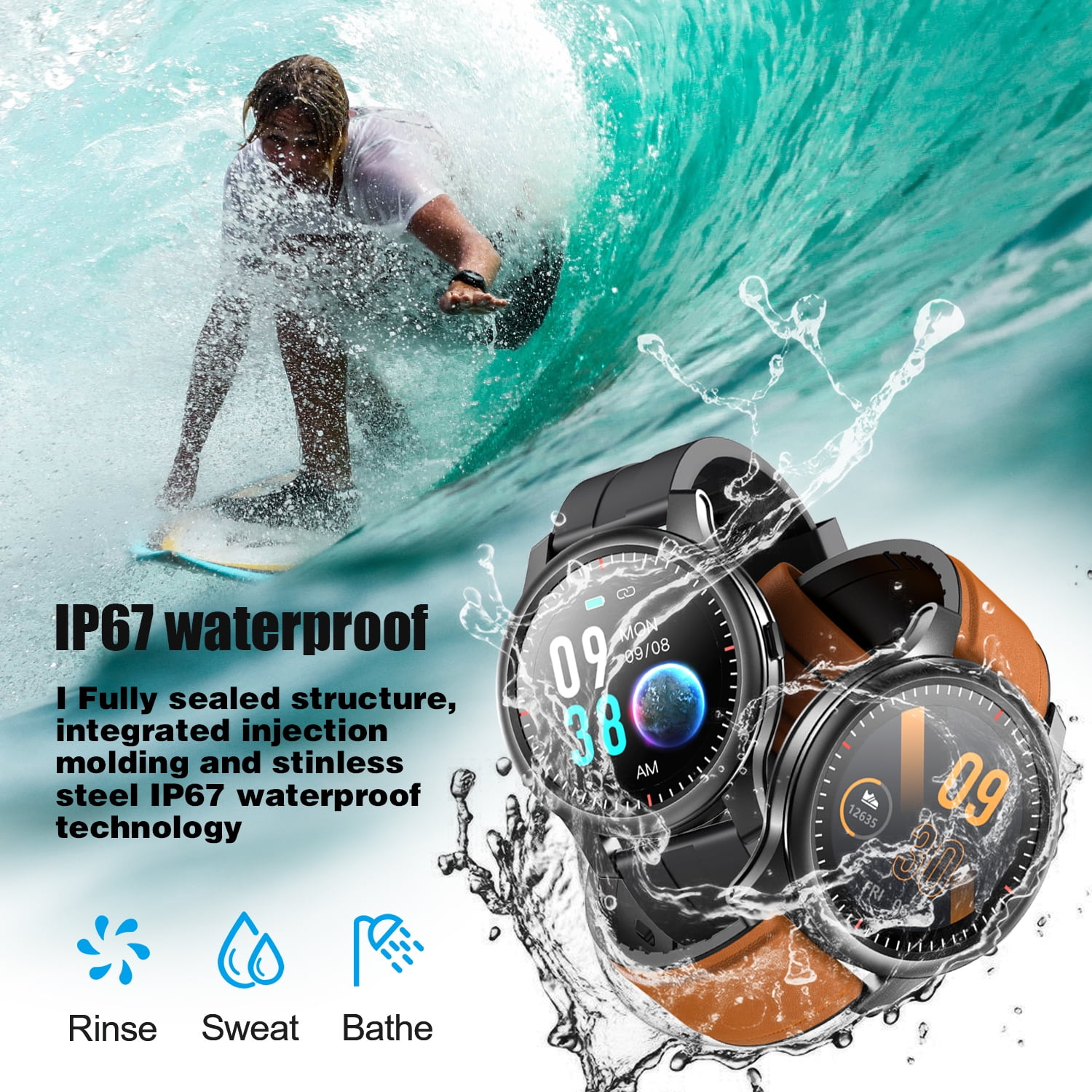Link Dream Brown Smartwatch for Android iOS Full Touch 1.28" Fitness Tracker, IP67 Waterproof