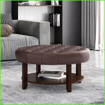 Round Ottoman Contemporary Tufted Faux Leather with Open Shelf | Dark Brown | PU