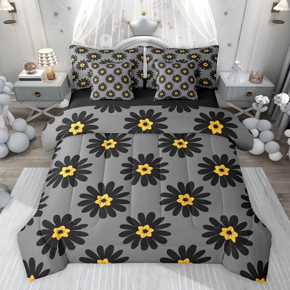 jejeloiu Cartoon Flower 7-Piece Twin Bedding Sets,Black Daisy Floral Bedding Comforter Set For Girls Women Reversible