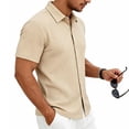 thumbnail image 6 of Domzest Men's Collared Shirts Short Sleeve Button Down Shirt Summer Casual Striped Textured Beach Shirt Khaki 2XL, 6 of 8
