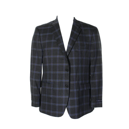 Tommy Hilfiger Mens Grey Blue Plaid Slim-Fit Stretch Performance Notch Lapel Blazer