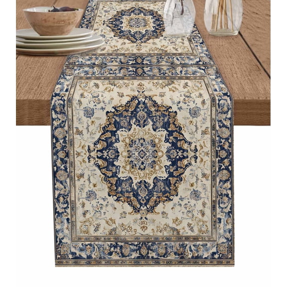 Vintage Boho Burlap Cotton Table Runner 13x90 Inches Long, Rustic Southwestern Geometric Ethnic Farmhouse Table Runners, Outdoor Dining Tablecloths Decor for Baby Shower/Party/Wedding