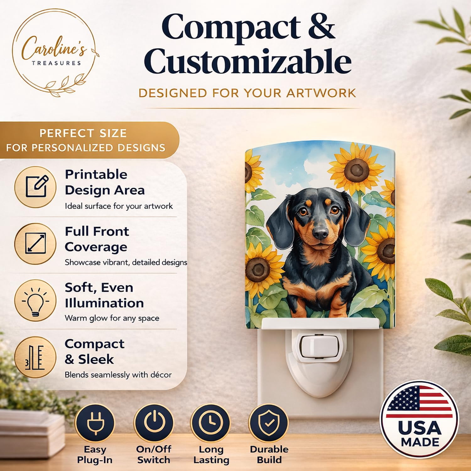 Dachshund in Sunflowers Ceramic Night Light 4 in x 6 in