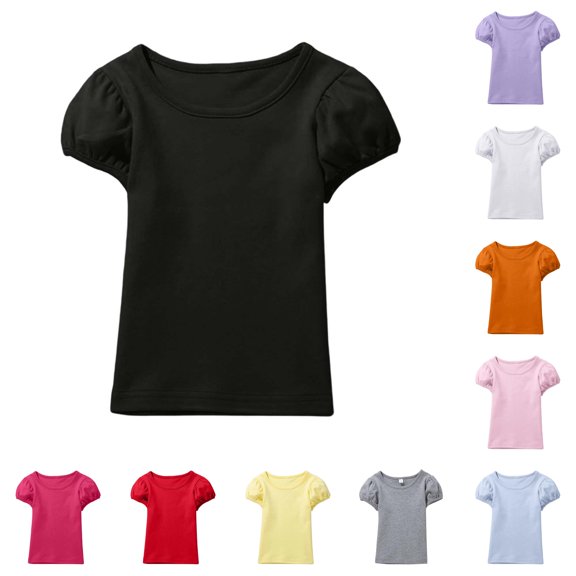 RUTAYY Girls T-Shirt Solid Color Crew Neck Puff Short Sleeve Slim Fit Daily Casual Top Black