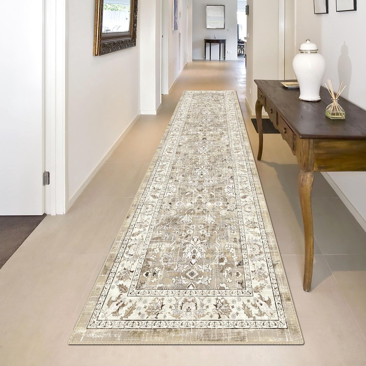 MJIAexp 2'x8' Boho Floral Kitchen Runner Rug Machine Washable Runner Rug Non-Slip Rubberback Hallway Runner Laundry Rug Throw Carpet for Living Room Bedroom Dining Room Entryway Kitchen Beige