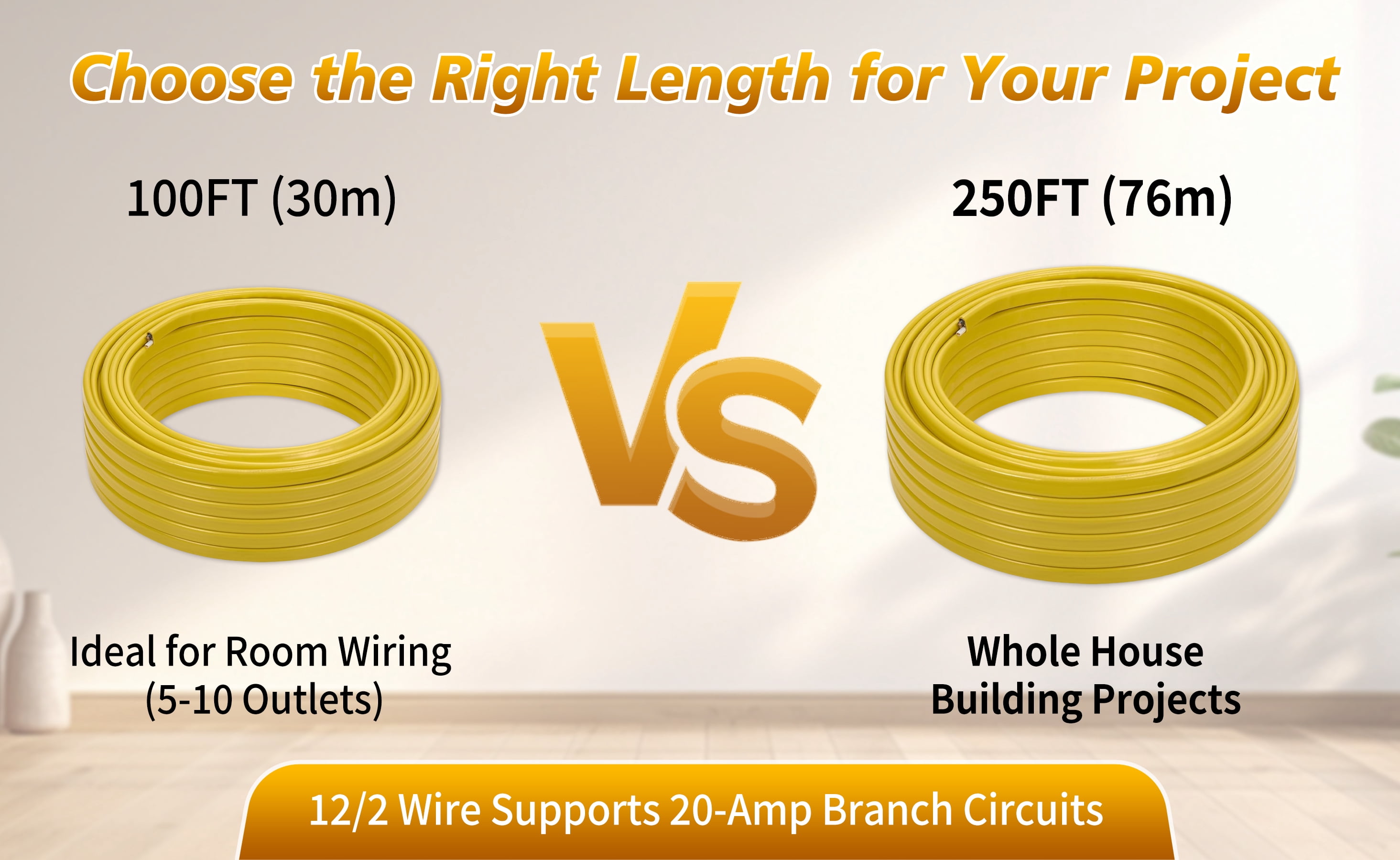 12/2 NM-B Cable 100 FT – UL Listed Residential Indoor Electrical Wire with Ground, Solid Bare Copper, 600V (Yellow Jacket)
