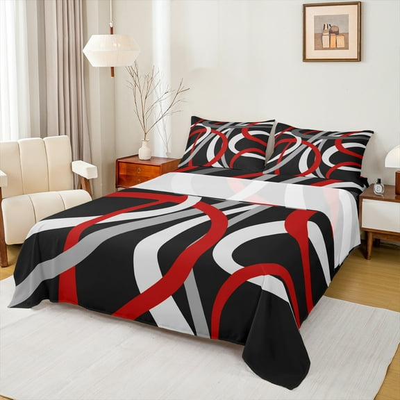 Manfei Abstract Stripes 3pcs Twin Sheet Sets for Female Men,Geometric Lines Twin Fitted Sheet,Retro Vintage Style Breathable Flat Sheet,Breathable Home Decor