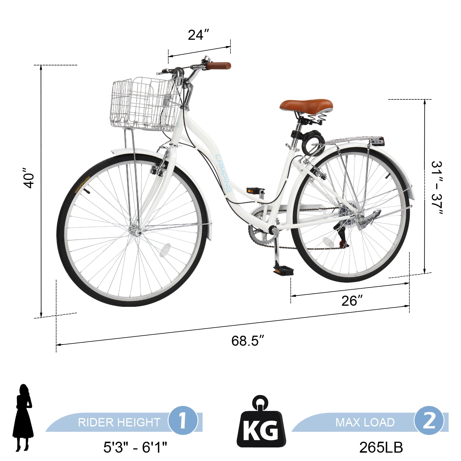 Ktaxon 26" Womens Bike, 7 Speed Cruiser Bike for Adults Women with Lock Basket & Rack, Step Through City Bikes, White