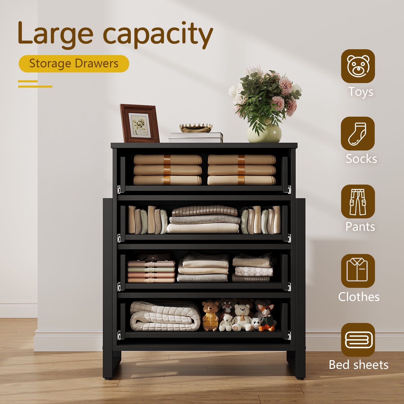 Dressers for Bedroom, 4 Drawers Fluted Dresser with Metal Handles, Modern Chest of Drawers Storage Cabinet for Living Room, Entryway,Black