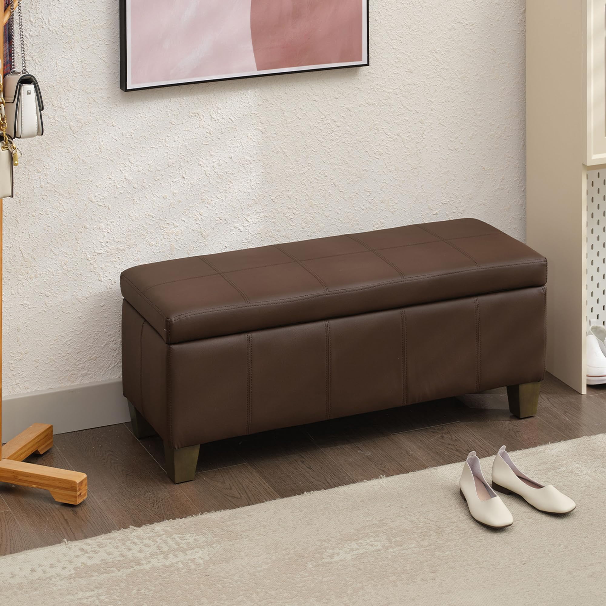 Foredo Rectangle Ottoman with Storage, Modern Faux Leather Bench with Solid Wood Legs, Ottoman for Living Room, Bedroom and Entryway, Brown