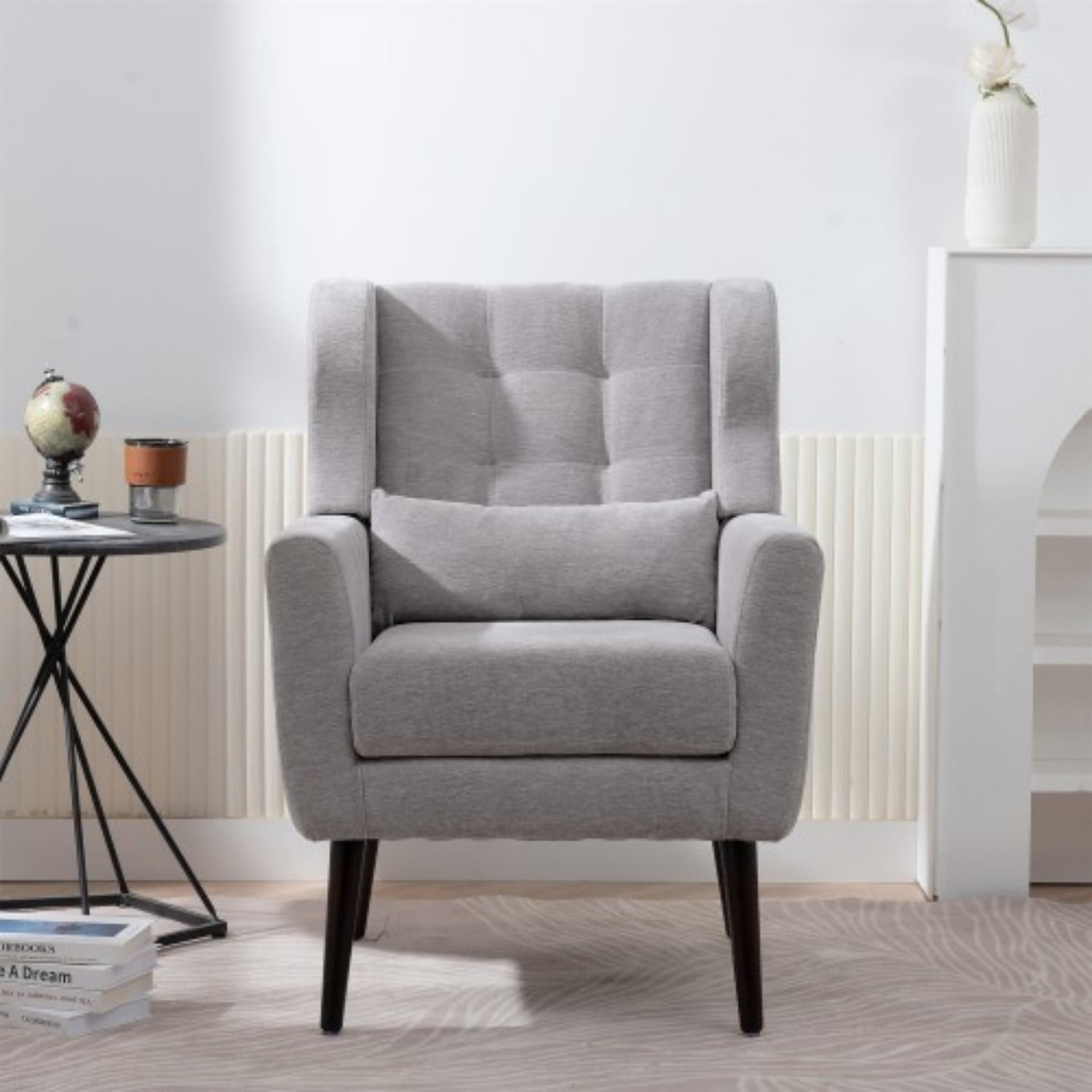 Modern Chenille Accent Chair with Pillow, Upholstered Armchair with Solid Wood Legs, Ergonomic Lounge Chair for Living Room, Bedroom, Reading Room, Small Space, Grey