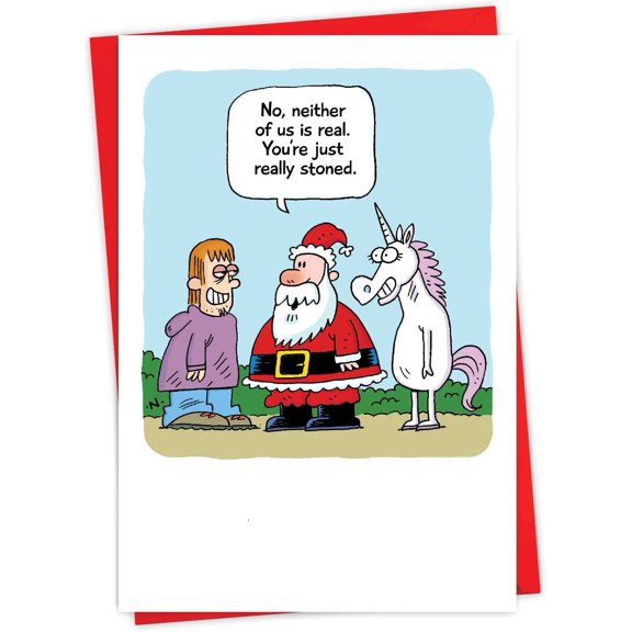 NobleWorks - Humorous Merry Christmas Card with Envelope (4.63 x 6.75 Inch) - Colorful Cartoon Happy Holidays Card - Funny Xmas Greeting Stationery - Santa and Unicorn C7693XSG