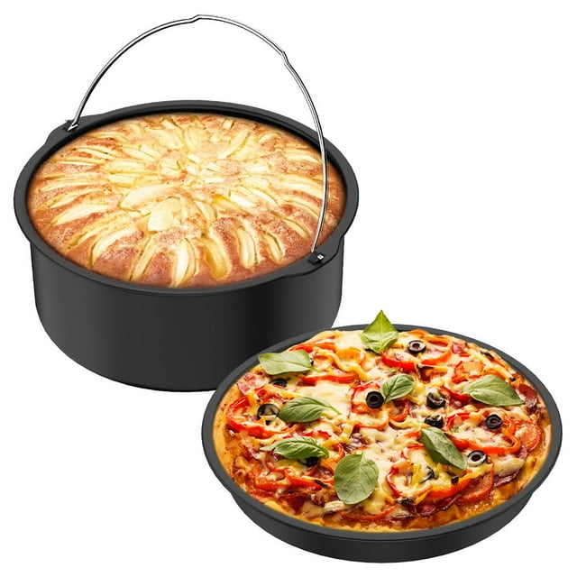 MesaSe 2Pcs Air Fryer Accessory Durable Air Fryer Pizza Pan and Baking Cake Barrel with Non-Stick Coating Baking Cake Pan Set Large and Small Air Fryer Deep Cake Barrel for Air Fryer