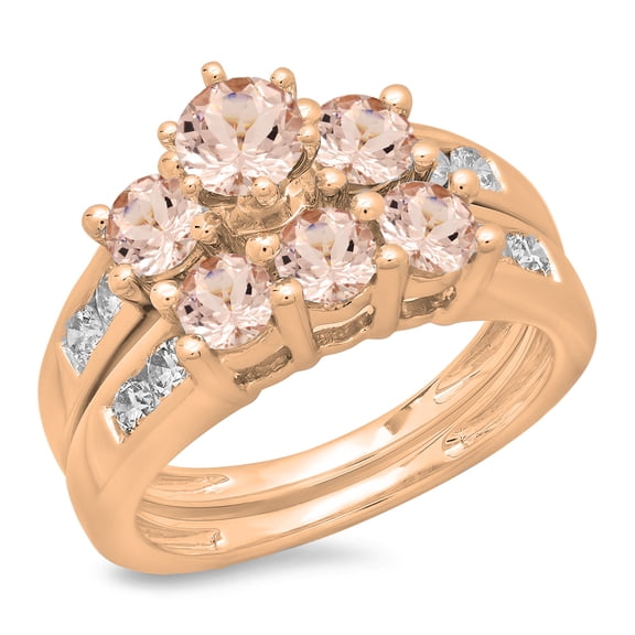 Dazzlingrock Collection 14K Round Morganite & White Diamond Bridal 3 Stone Engagement Ring Set, Rose Gold, Size 7.5