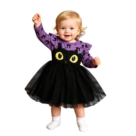 Enchanting Kids Party Dress For Girls: Long Sleeve Cartoon Cat Print Mesh Gown For And Autumn