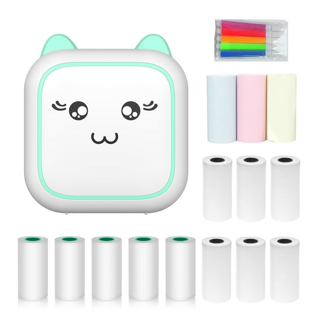yeacher C25 Mini Pocket Thermal Printer 58mm, 200dpi, Prints Notes/Images/Web/Text, Built-in 800mAh Battery, Green, Includes 6 Thermal Rolls + 5 Adhesive Rolls + 3 Color Rolls + 5 Markers