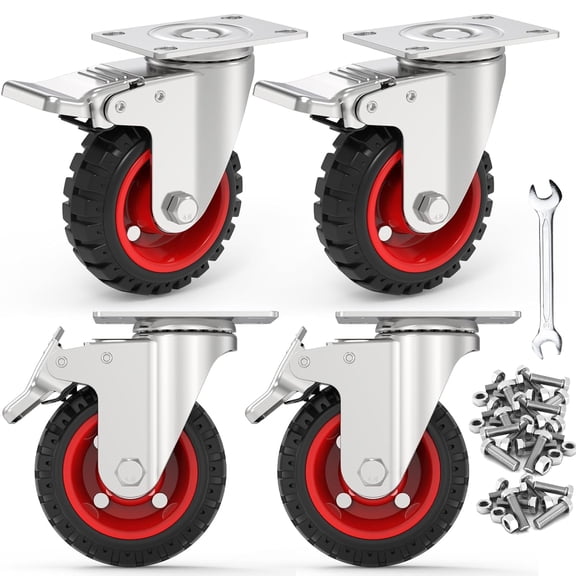 4" Swivel Caster Wheels with Safety Dual Locking and Rubber Tire Wheels, Heavy Duty - 300 Lbs Per Caster for Workbench, Cart, Trolley, Dolly, Cabinet, Compact Rubber Castor Wheels, 4-Packs