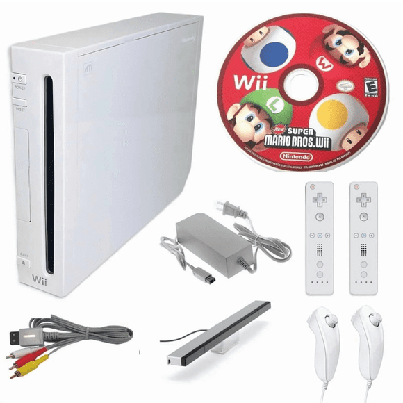 Nintendo Wii Console Wii Game System White with New Super Mario Bros, 2 RetroFam Remotes & Nunchucks (Refurbished)