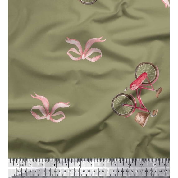 Soimoi Green polyester Crepe Fabric Ribbon & Cycle Transport Print Fabric by Yard 52 Inch Wide