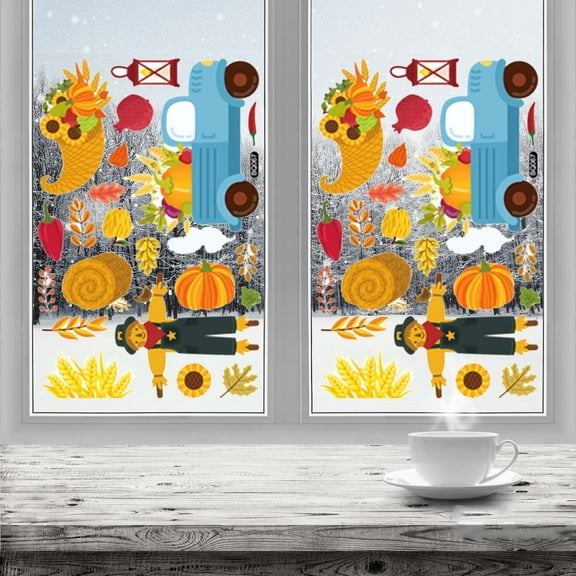 Fall Decor,Fall Window Clings,Fall Window Clings,1 Set-Sided Autumn Leaves Pumpkin Turkey Decals Sticker,Thanksgiving Window Stickers For School Home Glass Windows Decorations,A