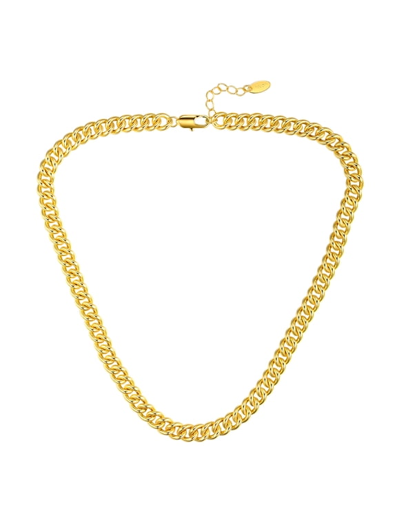 Cuban Link Curb Chain Necklaces 18K Gold Plated Neck Link Chains Adjustable Necklace for Women Men, 16" +1" Long, 9mm Width