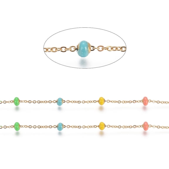 1m 3.28 Feet Stainless Steel Satellite Chains with Enamel Beads Soldered Long-Lasting Plated Flat Round Golden Colorful 1.5x1.2x0.3mm