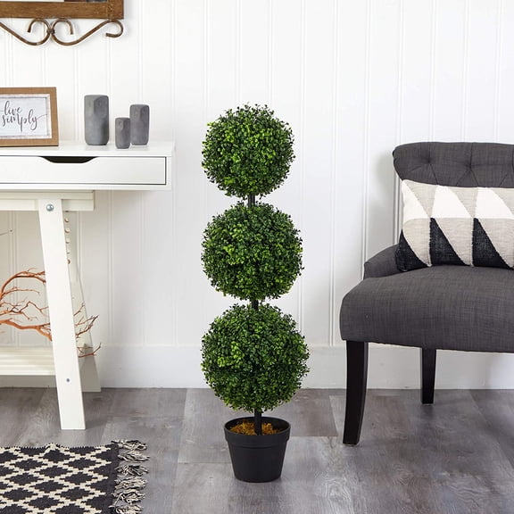3FT Faux Boxwood Topiary Tree, Artificial Triple Ball Greenery for Indoor Outdoor Home, Patio, Garden, Porch, or Office Decoration