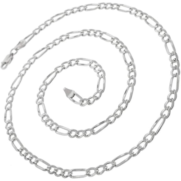 14K White Gold 4mm Solid Figaro Chain, FREE Microfiber Cloth, Link Mens Womens Necklace, Giorgio Bergamo