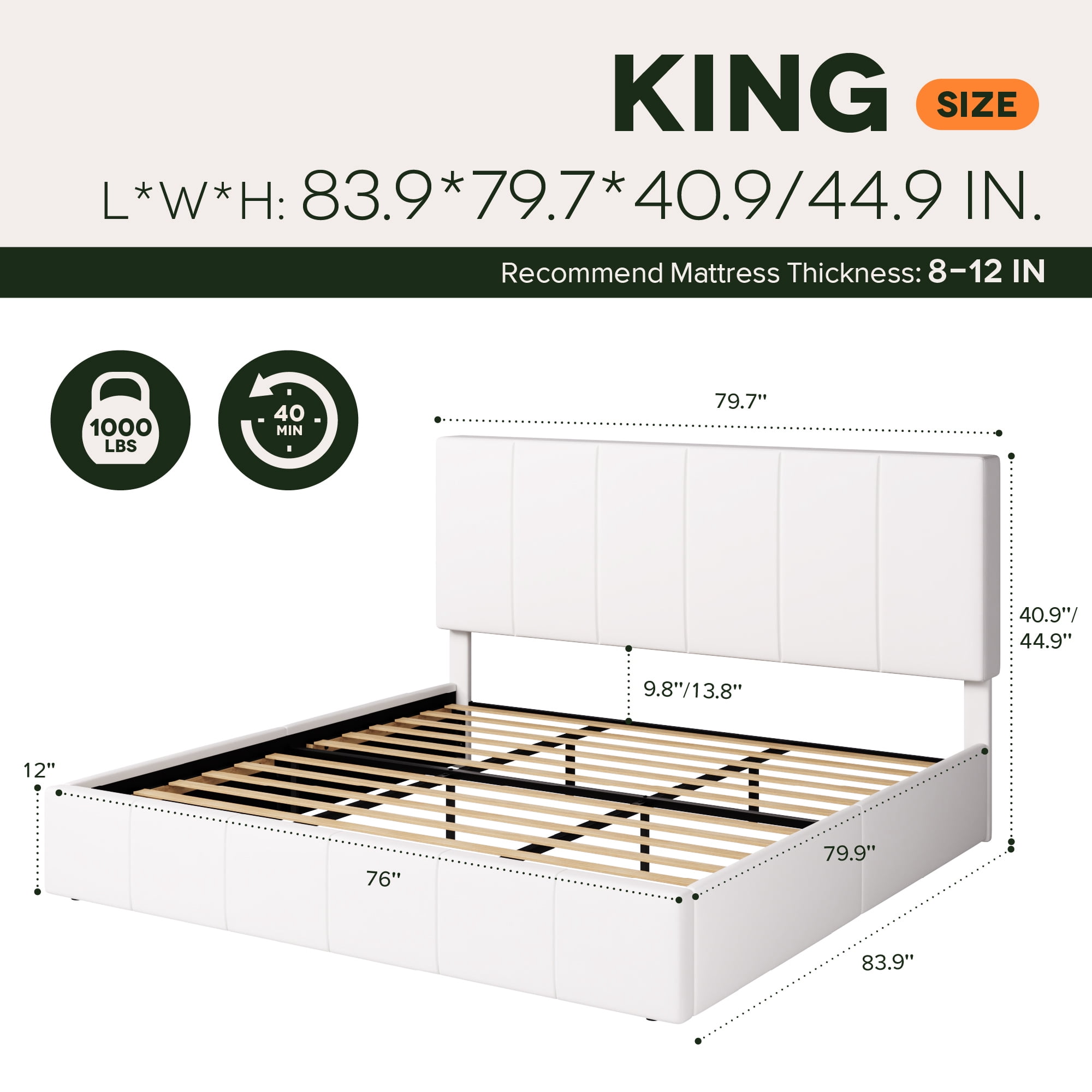 Einfach King Size Bed Frame, Upholstered Platform Bed with Height Adjustable Headboard, Easy Assembly, Noise-Free, White