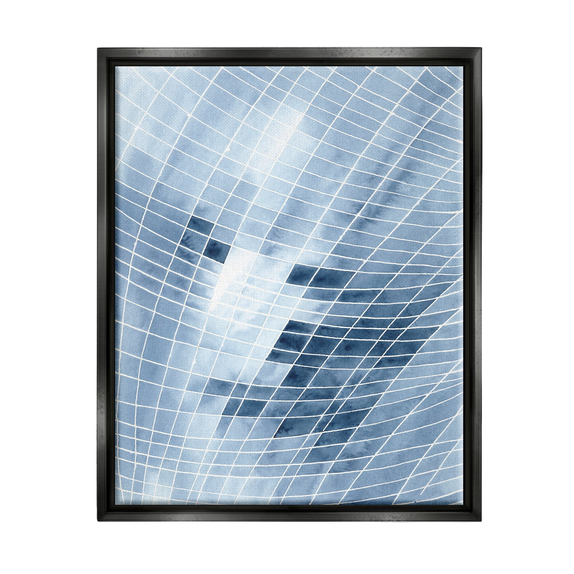 Stupell Industries Modern Warped Blue Square Shapes White Lines Painting Jet Black Floating Framed Canvas Print Wall Art, Design by Regina Moore