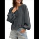 thumbnail image 1 of Sudadera Holgada Informal de Otoño para Mujer, con Cuello en V, Larga y Encaje, Estilo Farol, Estilo Corto Gris S, 1 of 6