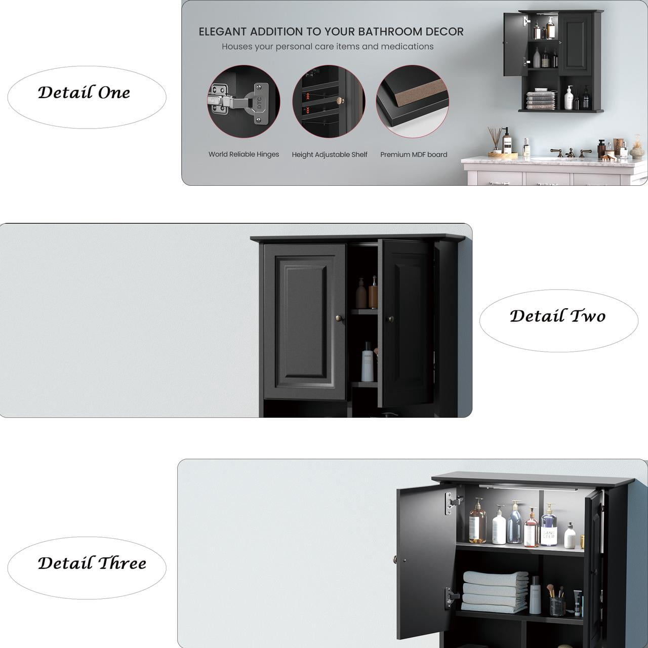 HAIOOU Bathroom Wall Cabinet with Motion Sensor LED Light, Over Toilet Storage Cabinet with Buffering Hinges and Adjustable Shelf (Black)
