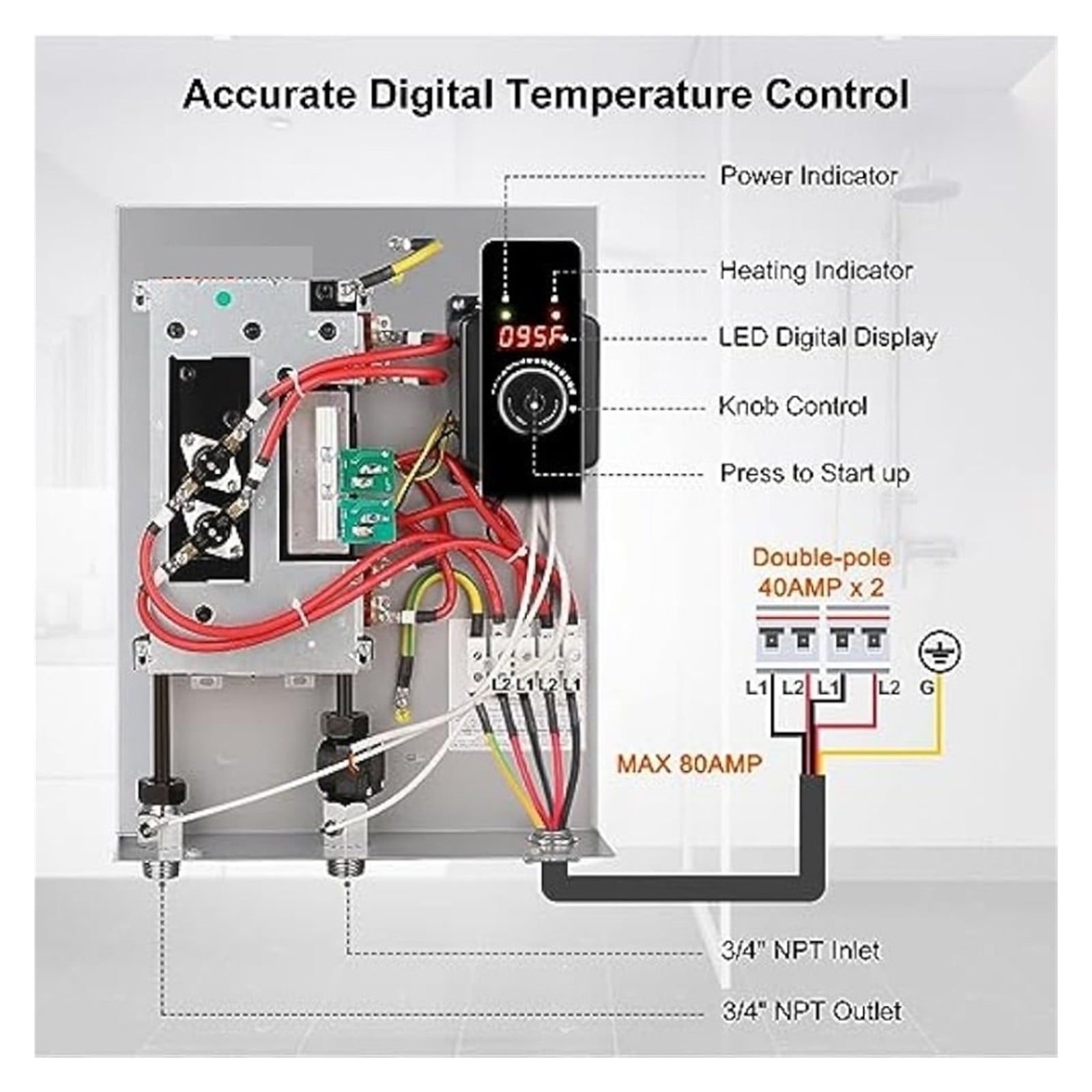 Tankless Water Heater Electric 18kW Instant Endless Hot Water Heater, Digital Temperature Display Easy Installation ,Safety Protections