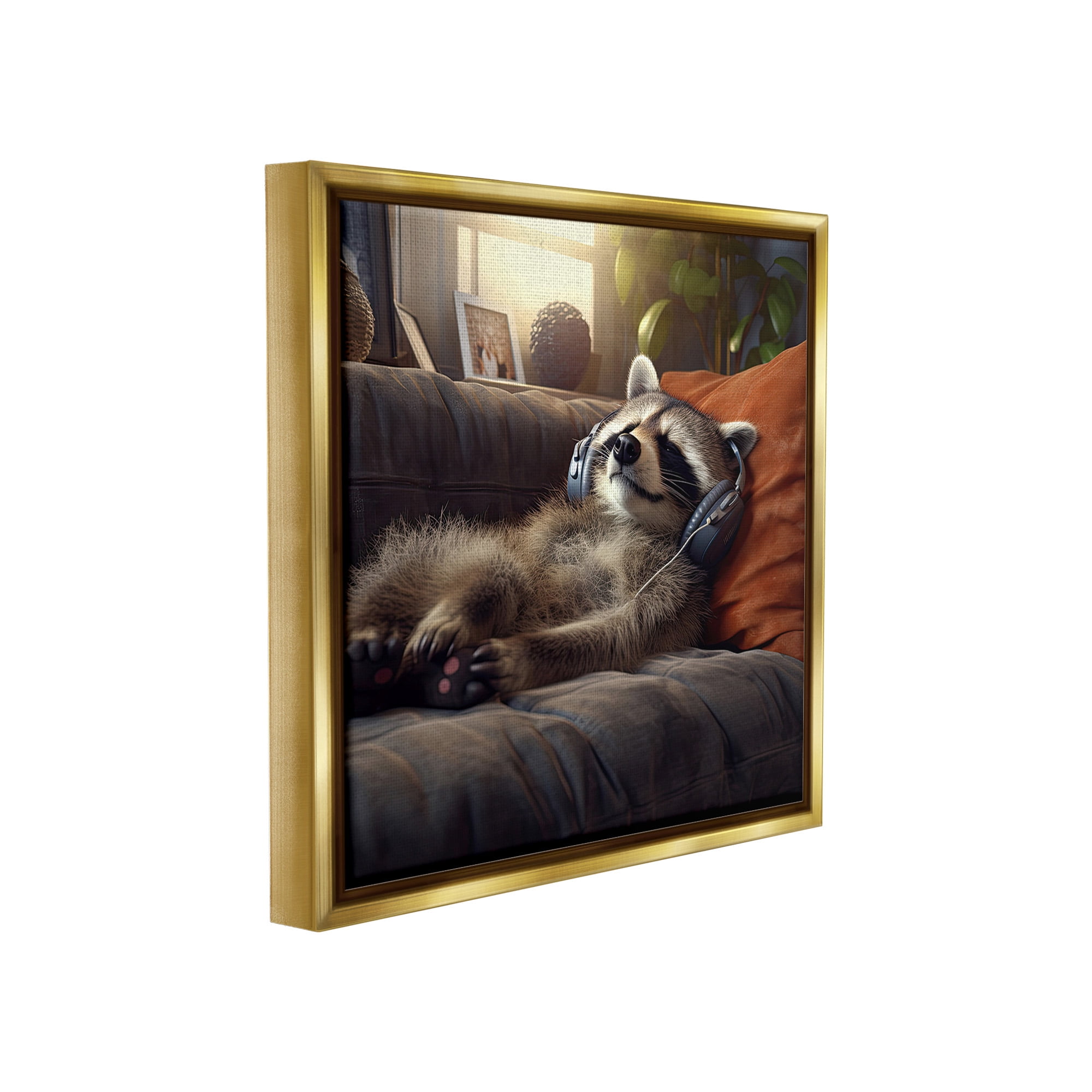 Stupell Industries Raccoon Relaxing Headphones Animals & Insects Painting Gold Floater Framed Canvas Art Print Wall Art, 18 x 18