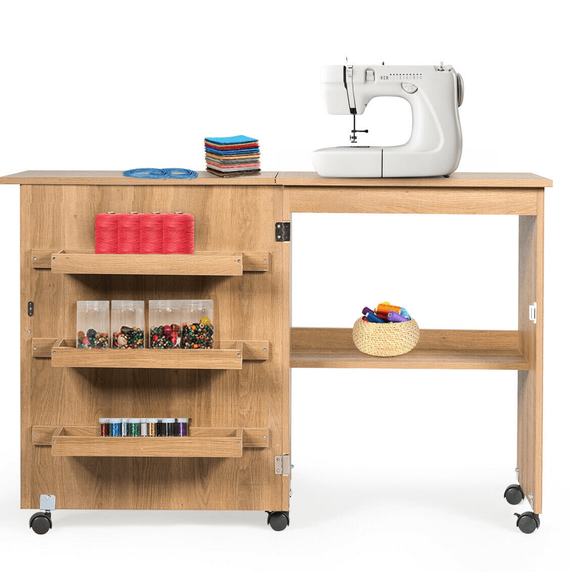 Generic Folding Sewing Craft Table 36in, Sewing Cabinet With 4 Storage Bins And Shelf, Home Hobby Craft Table With Storage Shelves Foldable Table For Home Office Sewing Room Craft Room (White
