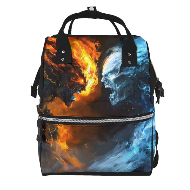 Fotbe Red And Blue Fire Skull Warrior Mochila Maternidad - Lona de Sarga Impermeable, Mochila de Pañales de Gran Capacidad con Múltiples Bolsillos y Correas Ajustables