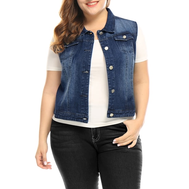 Unique Bargains Women's Plus Size Chest Pockets Single Breasted Denim