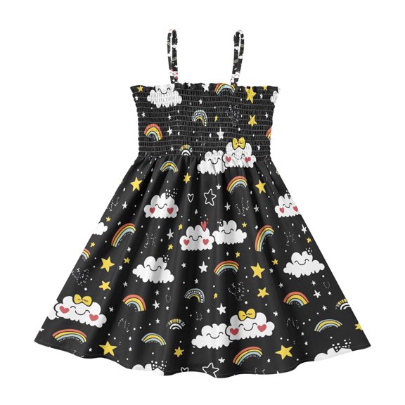 Summer Spaghetti Strap Clouds Rainbow A Line Dress Casual Sleeveless Cami Sundress for Size 2-8 Years