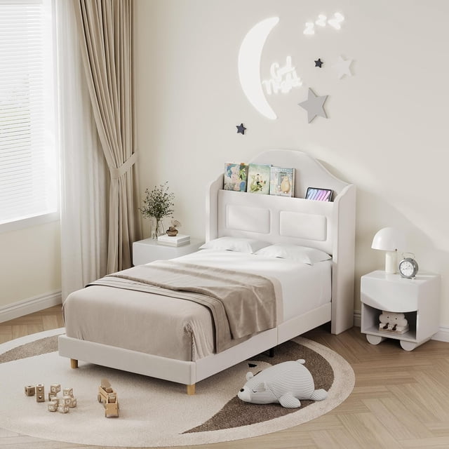 Princess Lit Plateforme Rembourré Doux Format Simple pour Garçons et Filles avec Dossier Ailé, Tête de Lit Bibliothèque avec Rangement, Lumières DEL Intégrées, Lattes en Bois Simples, Sans Bruit, Assemblage Facile - Crème