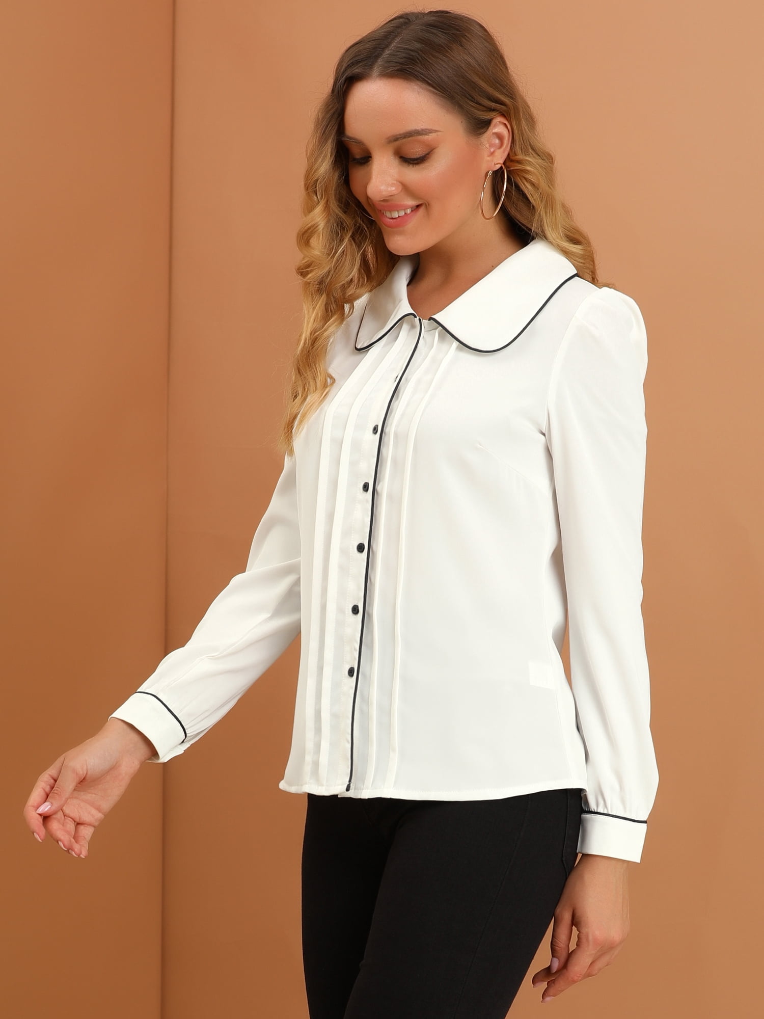 DARING DIVA Women's Peter Pan Collar Shirt Puff Sleeve Blouse Tops 2XL White